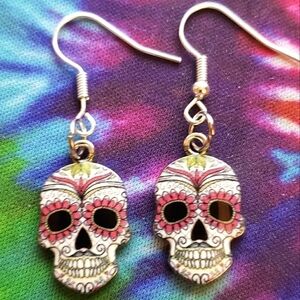Halloween Pink and White Candy skull Day of the Dead earrings